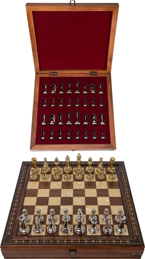 Helena Wood Art Handgemaakte Houten Schaakbord Met Opbergsysteem - Metalen Schaakstukken - Luxe Uitgave - Schaakspel - Schaakset - Schaken - Chess - 40 X 40 Cm 3 Helena Wood Art Handgemaakte Houten Schaakbord Met Opbergsysteem - Metalen Schaakstukken - Luxe Uitgave - Schaakspel - Schaakset - Schaken - Chess - 40 X 40 Cm