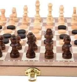 Merkloos Schaakbord | Dambord | Backgammon | 49 X 49 Cm | Schaakspel | Schaakset | Schaken | Dammen | Met Schaakstukken | 3-in-1 Bordspel | Chess | Hout | Opklapbaar -klassieke-spellen Winkel 550x264 4
