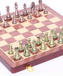Pro-Care XL Super De Luxe Walnoot Handgemaakt Schaakbord Met Bronzen Stukken - Super Sized 35x35cm - Walnoot/Esdoorn - Brons Handmade Schaakstukken - Opvouwbaar Opbergsysteem - Schaken - Schaakspel - Chess