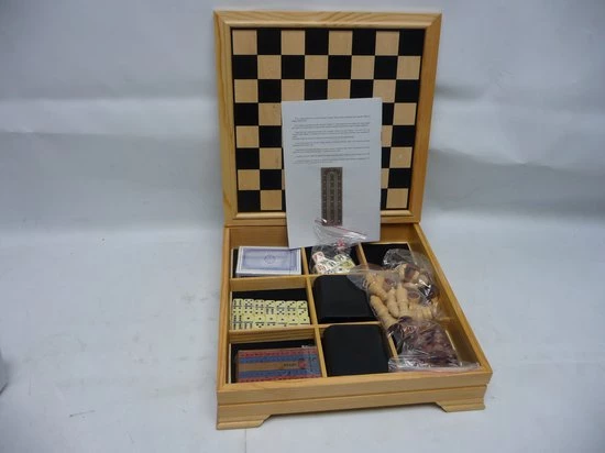 7 In 1 Bordspellen, In Houten Kist, Schaak,damen, Backgammon,Domino, Cribbage, Kaartspelen En Dobbelstenen. 7 7 In 1 Bordspellen, In Houten Kist, Schaak,damen, Backgammon,Domino, Cribbage, Kaartspelen En Dobbelstenen. - Afbeelding 5