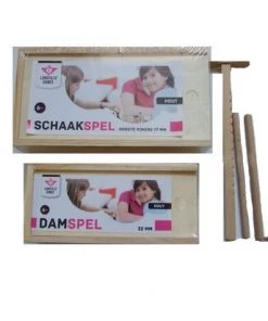 Longfield Damstenen 30mm In Box, Schaakstukken In Kistje Koning 77mm - Essenhout + 2 Houten Toverstokjes