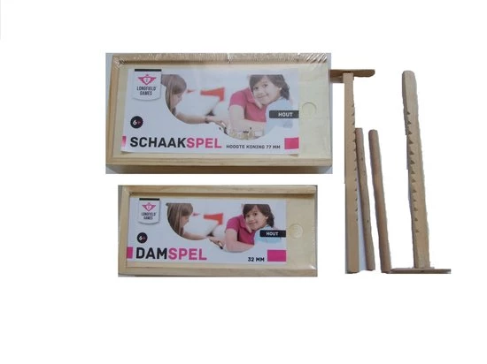 Longfield Damstenen 30mm In Box, Schaakstukken In Kistje Koning 77mm - Essenhout + 2 Houten Toverstokjes 3 Longfield Damstenen 30mm In Box, Schaakstukken In Kistje Koning 77mm - Essenhout + 2 Houten Toverstokjes