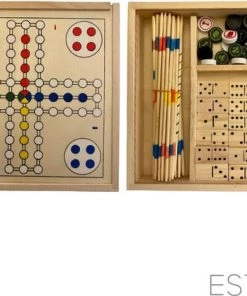 ESTARK Games Spellenset - Gezelschapsspel - Hout 5 In 1 - Spel - Spelletjes - Houten Spelen Geen Batterijen - Denkspel - Bordspel - Ludo - Schaakspel - Schaakbord - Domino - Dobbelstenen - Mikado Set - Speeldoos Hout -klassieke-spellen Winkel 550x418 3