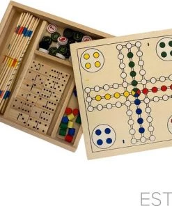 ESTARK Games Spellenset - Gezelschapsspel - Hout 5 In 1 - Spel - Spelletjes - Houten Spelen Geen Batterijen - Denkspel - Bordspel - Ludo - Schaakspel - Schaakbord - Domino - Dobbelstenen - Mikado Set - Speeldoos Hout -klassieke-spellen Winkel 550x465