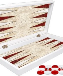 Yenig??n Tavla Klassiek Backgammon Rood En Wit Marmer Bordspel - Met Schaakbord - Turks Tavla - Maat L 38cm