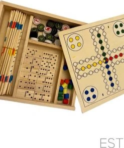 ESTARK Games Spellenset - Gezelschapsspel - Hout 5 In 1 - Spel - Spelletjes - Houten Spelen Geen Batterijen - Denkspel - Bordspel - Ludo - Schaakspel - Schaakbord - Domino - Dobbelstenen - Mikado Set - Speeldoos Hout -klassieke-spellen Winkel 550x475 11
