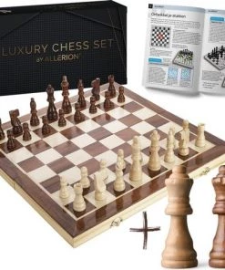 Allerion? Allerion Luxe Schaak Set - 100% Hout - 38cm X 38cm - In Opbergkoffer - Inclusief 2 Extra Dames En Instructieboekje