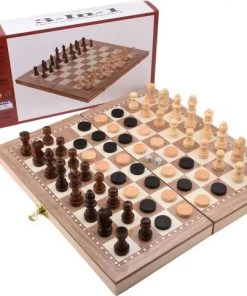Merkloos Schaakbord | Dambord | Backgammon | 49 X 49 Cm | Schaakspel | Schaakset | Schaken | Dammen | Met Schaakstukken | 3-in-1 Bordspel | Chess | Hout | Opklapbaar -klassieke-spellen Winkel 550x482 6