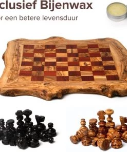HappyWoods - Handgemaakte Olijfhouten Rustic Schaakspel - Rood 49 Cm - Olijfhouten Schaakbord Met Schaak Stukken - Schaakset - Schaakspellen Schaakspel Hout Volwassenen Schaakborden Kinderen - Cadeau (+ Gratis Beeswax )