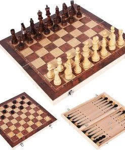 Flokoo Schaakbord Hout 3-in-1 Bord: Schaken, Dammen & Backgammon