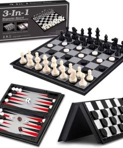 Allerion® Allerion 3-in-1 Schaakbord Set – Schaken, Dammen, Backgammon – Magnetisch Schaakbord – Reis Spel – 25cm X 25cm