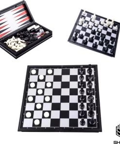 Shagam 3-in-1 Bordspel - 25 Cm - Plastic - Magnetisch - Schaakbord - Dambord - Backgammon - Schaakspel - Schaakset - Schaken - Dammen - Met Schaakstukken - Chess - Hout - Opklapbaar