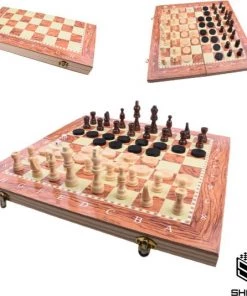 Shagam 3-in-1 Bordspel - 48 Cm - Schaakbord - Dambord - Backgammon - Schaakspel - Schaakset - Schaken - Dammen - Met Schaakstukken - Chess - Hout - Opklapbaar