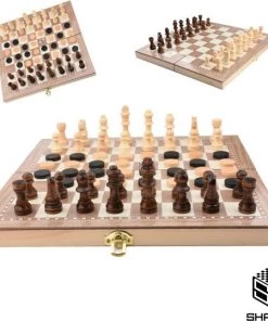 Shagam 3-in-1 Bordspel - 39 Cm - Schaakbord - Dambord - Backgammon - Schaakspel - Schaakset - Schaken - Dammen - Met Schaakstukken - Chess - Hout - Opklapbaar