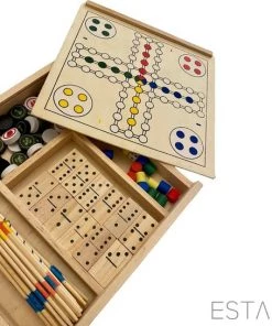 ESTARK Games Spellenset - Gezelschapsspel - Hout 5 In 1 - Spel - Spelletjes - Houten Spelen Geen Batterijen - Denkspel - Bordspel - Ludo - Schaakspel - Schaakbord - Domino - Dobbelstenen - Mikado Set - Speeldoos Hout -klassieke-spellen Winkel 550x545 12