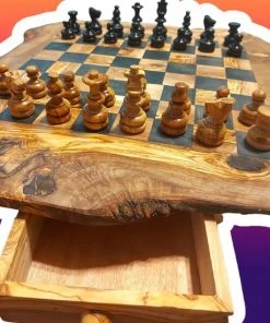 HappyWoods - Handgemaakte Olijfhouten Schaakspel Met Lade - 35 Cm - Olijfhouten Schaakbord Met Schaak Stukken - Schaakset - Schaakspellen Schaakspel Hout Volwassenen Schaakborden Kinderen (+ Gratis Beeswax )