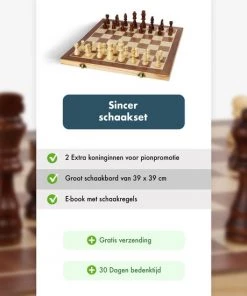 Sincer Schaakbord Met Staunton Schaakstukken 2 EXTRA Koninginnen Inclusief E-book Met Schaakregels - Houten Handgemaakte Schaakset/Schaakspel Voor Volwassenen GROOT FORMAAT Van39x39cm -klassieke-spellen Winkel 550x550 94