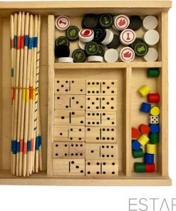 ESTARK Games Spellenset - Gezelschapsspel - Hout 5 In 1 - Spel - Spelletjes - Houten Spelen Geen Batterijen - Denkspel - Bordspel - Ludo - Schaakspel - Schaakbord - Domino - Dobbelstenen - Mikado Set - Speeldoos Hout -klassieke-spellen Winkel 550x565 6