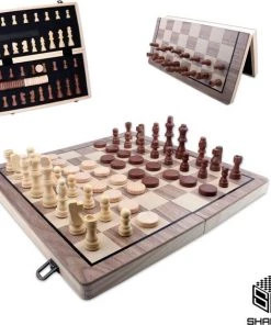 Shagam 2-in-1 Bordspel - 39 Cm - Magnetisch - Schaakbord - Dambord - Backgammon - Schaakspel - Schaakset - Schaken - Dammen - Met Schaakstukken - Chess - Hout - Opklapbaar