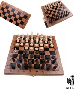 Shagam 3-in-1 Bordspel - 29 Cm - Schaakbord - Dambord - Backgammon - Schaakspel - Schaakset - Schaken - Dammen - Met Schaakstukken - Chess - Hout - Opklapbaar