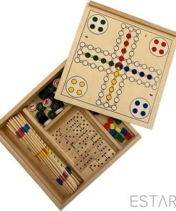 ESTARK Games Spellenset - Gezelschapsspel - Hout 5 In 1 - Spel - Spelletjes - Houten Spelen Geen Batterijen - Denkspel - Bordspel - Ludo - Schaakspel - Schaakbord - Domino - Dobbelstenen - Mikado Set - Speeldoos Hout -klassieke-spellen Winkel 550x588 1