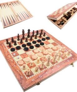 Merkloos Schaakbord | Dambord | Backgammon | 34 X 34 Cm | Schaakspel | Schaakset | Schaken | Dammen | Met Schaakstukken | 3-in-1 Bordspel | Chess | Hout | Opklapbaar