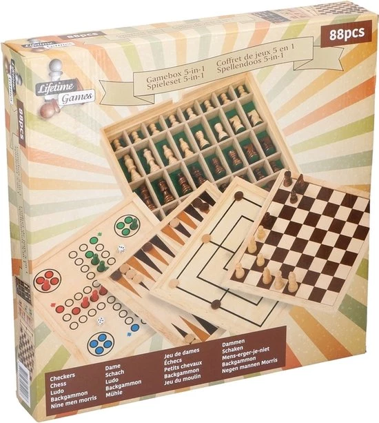 Lifetime Games Spellendoos - Hout - 5 Bordspellen - O.a. Mens Erger Je Niet, Dambord, Backgammon En Schaakbord - 35 Cm 88-delig 3 Lifetime Games Spellendoos - Hout - 5 Bordspellen - O.a. Mens Erger Je Niet, Dambord, Backgammon En Schaakbord - 35 Cm 88-delig