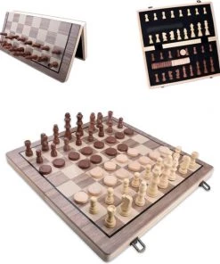 Merkloos Schaakbord | Dambord | Schaakspel | 39 X 39 Cm | Schaakset | Schaken | Dammen | Met Schaakstukken | 2-in-1 Bordspel | Chess | Hout | Magnetisch | Opklapbaar